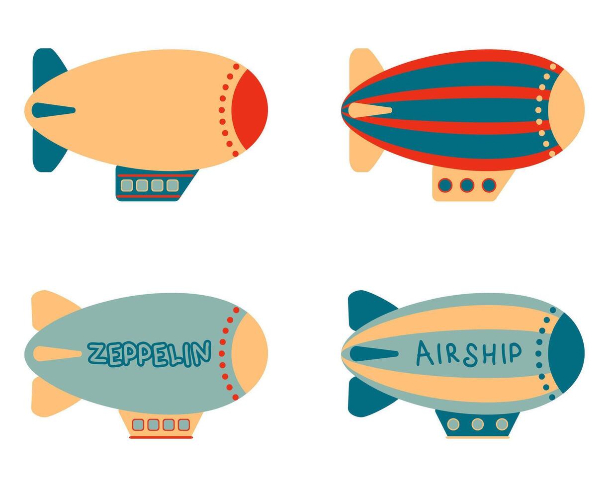 clásico Steampunk dirigibles clipart colección en sencillo retro estilo. Perfecto impresión para carteles, tarjetas, pegatinas aislado vector ilustración.