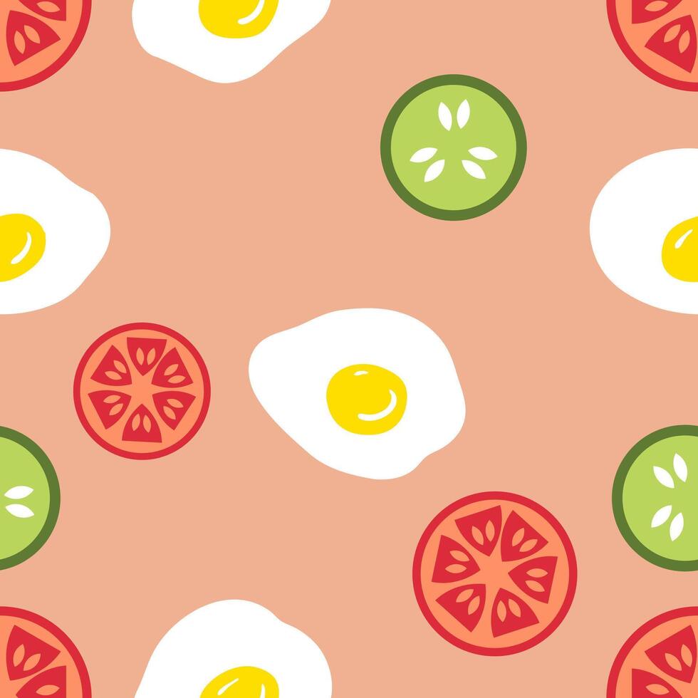 Balanced Breakfast seamless pattern with fried eggs, cucumber and tomato slices. Perfect print for paper, fabric, textile. Hand drawn vector illustration.