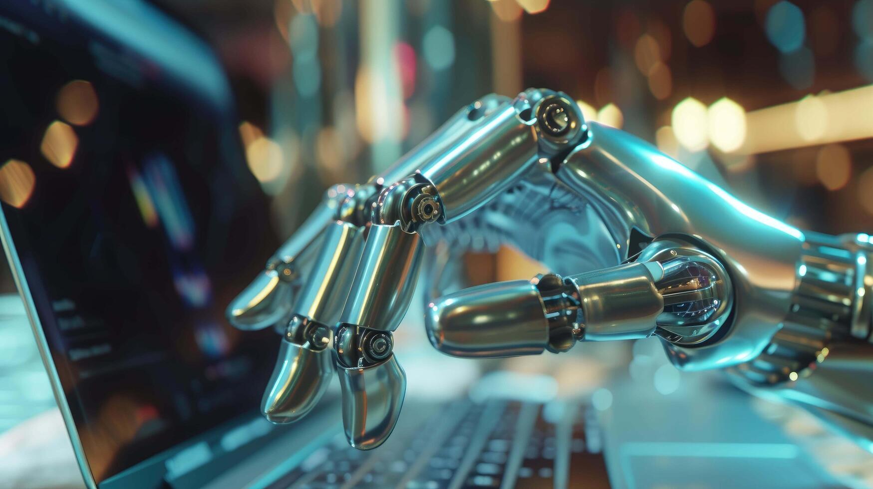 AI generated Advanced Robotic Hand Engaged in Typing on a Modern Laptop photo