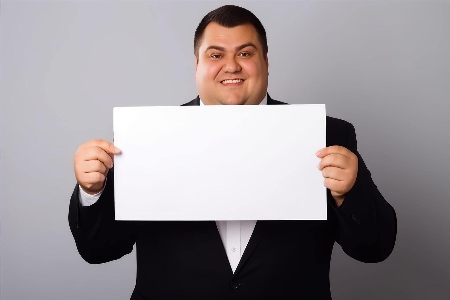AI generated Friendly Businessman Presenting a Blank Sign for Advertisement with Copy Space photo