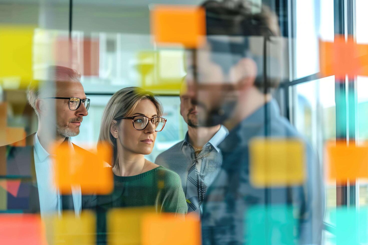 AI generated business people looking at sticky notes on glass wall photo
