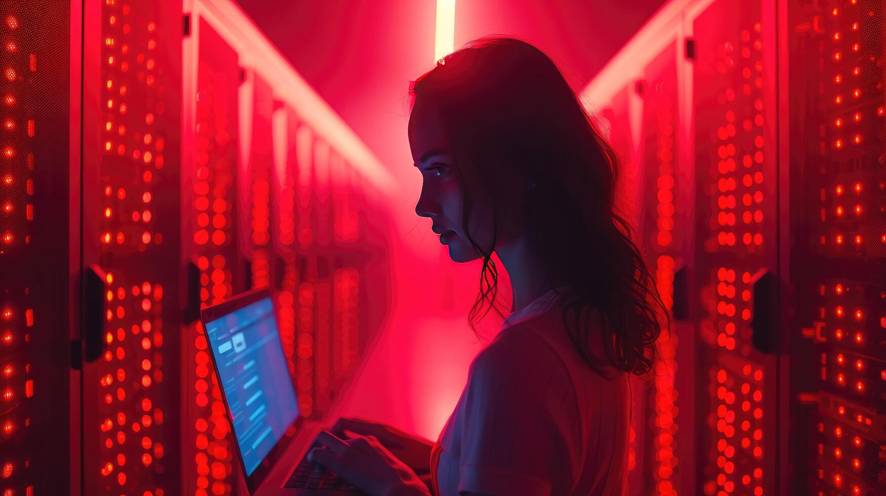 AI generated Female IT Specialist Working on Laptop in High-Tech Data Center photo