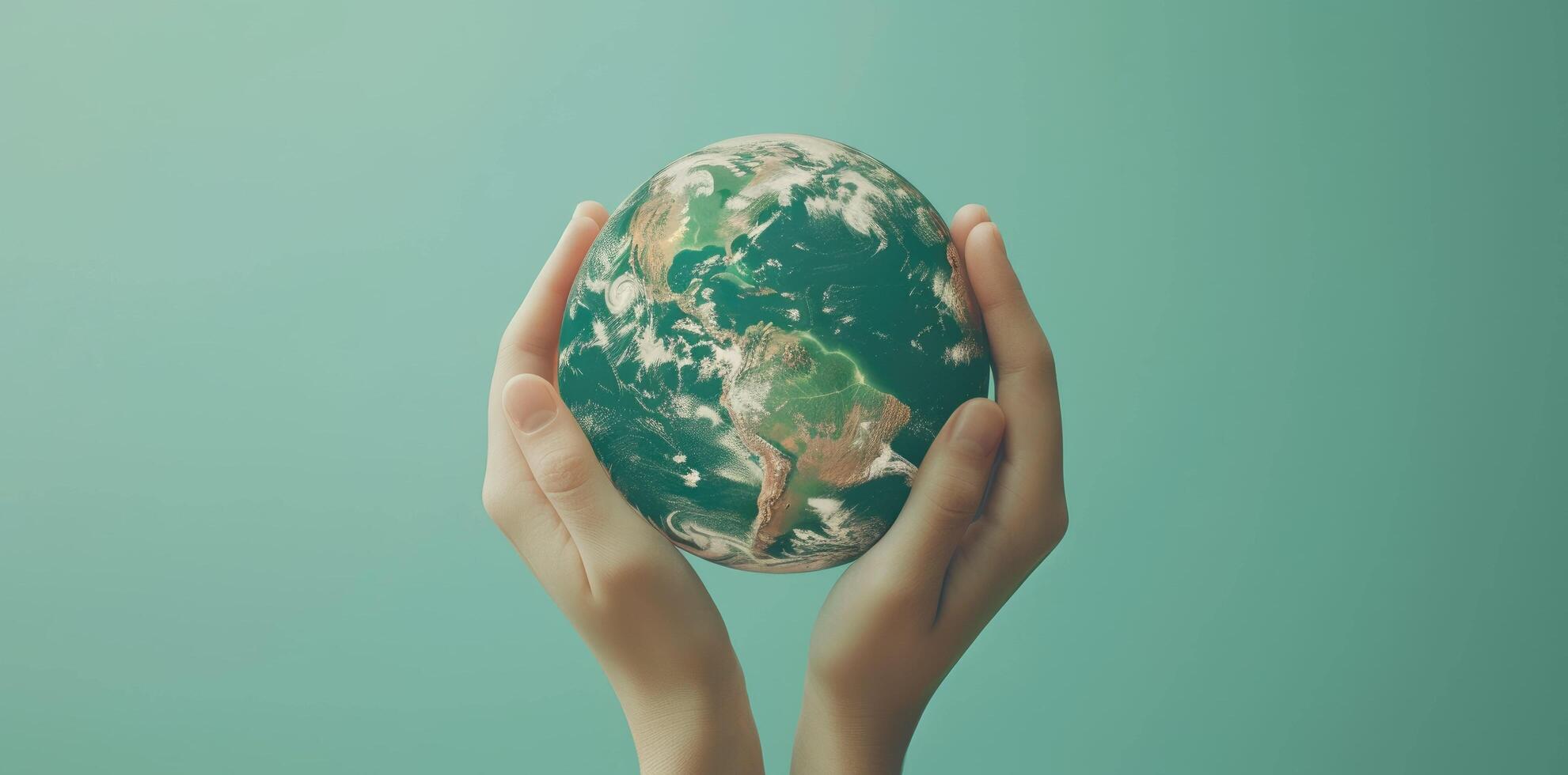 AI generated Hands Cradling Planet Earth on a Blue Background - Environmental Care Concept photo