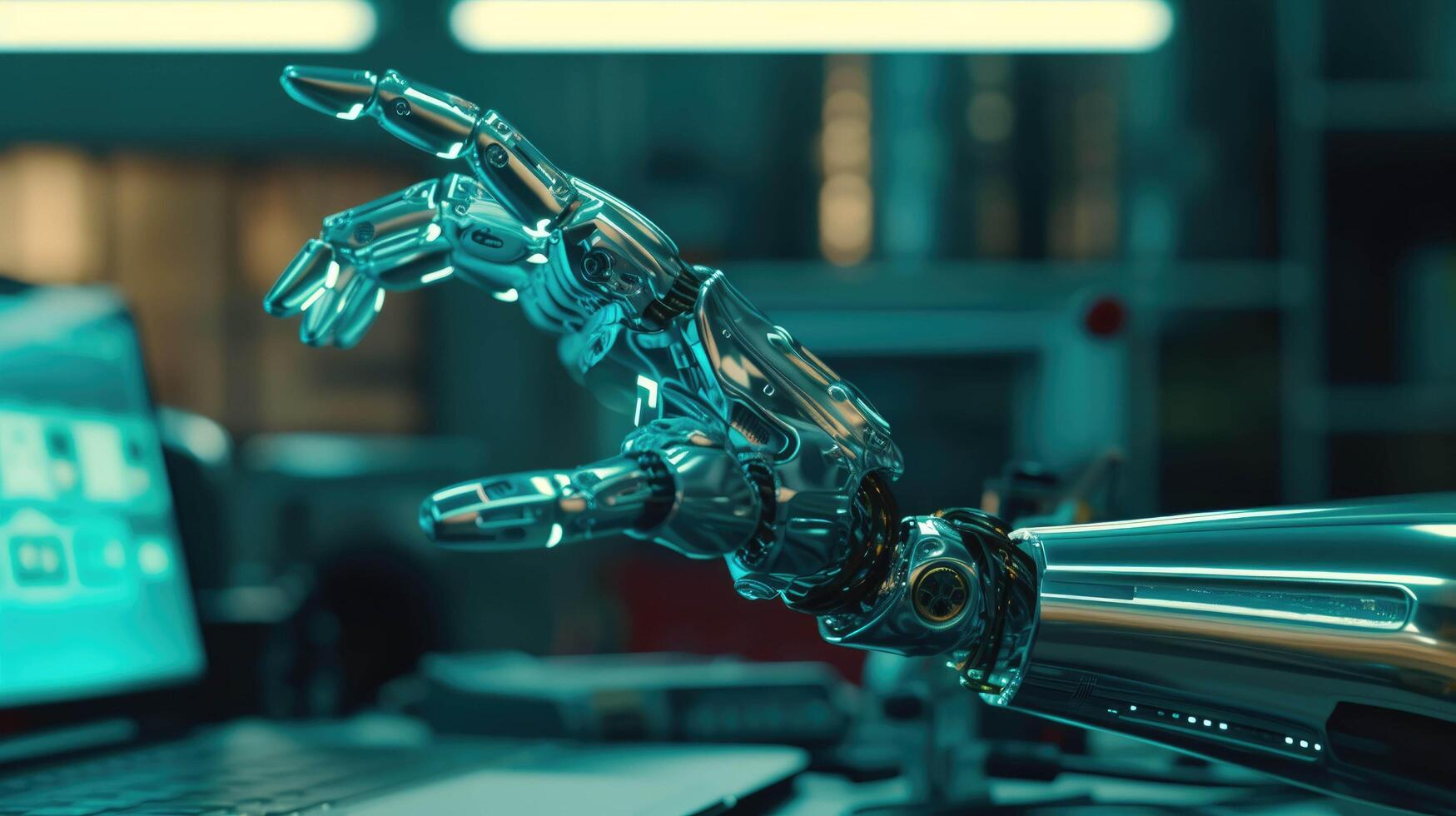 AI generated Advanced Robotic Hand Engaged in Typing on a Modern Laptop photo