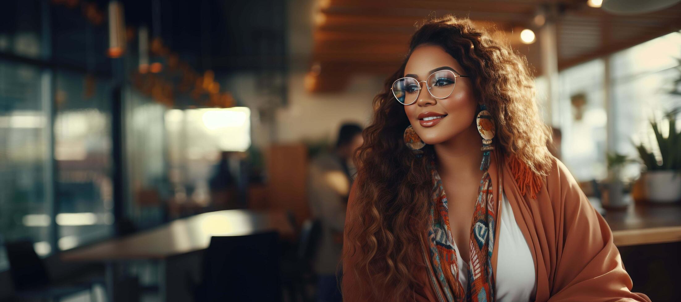 AI generated Stylish Young Professional Woman with Trendy Glasses and Colorful Scarf in Modern Office Setting photo