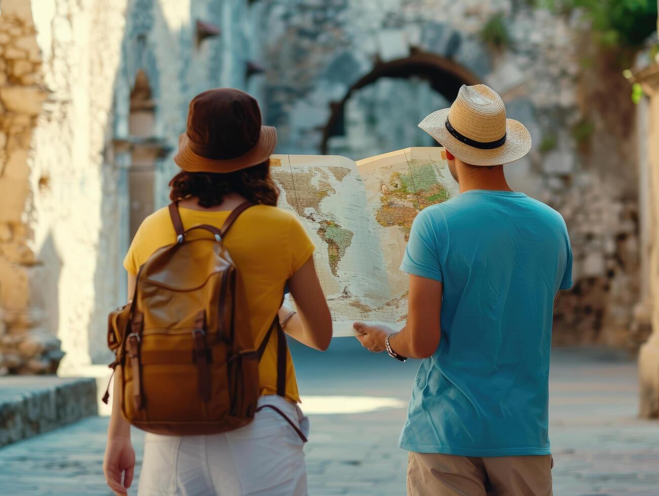 AI generated Adventurous Couple with Map Discovering Historic Urban Landmarks photo