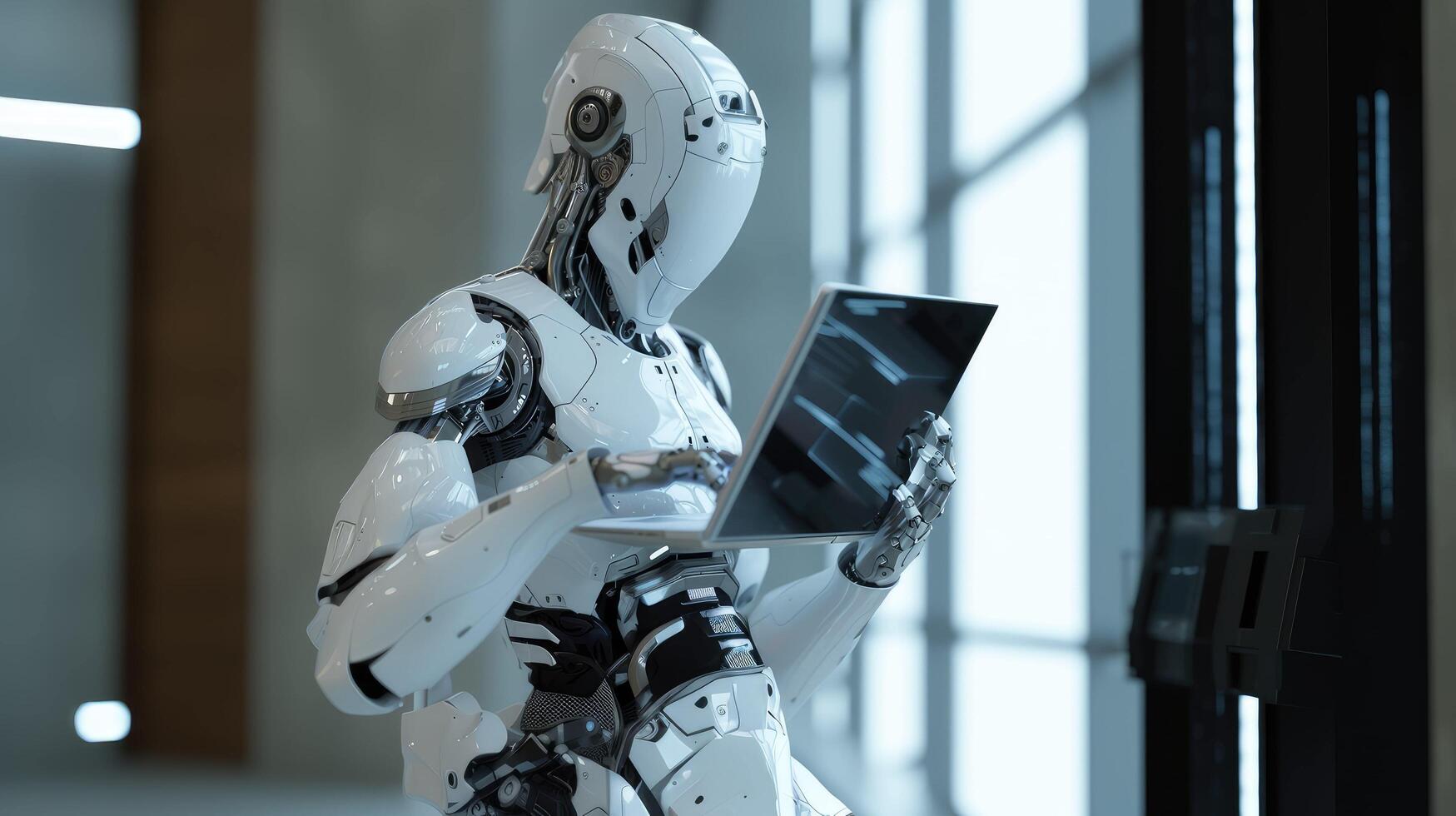 AI generated Futuristic Humanoid Robot Analyzing Data on a Laptop photo