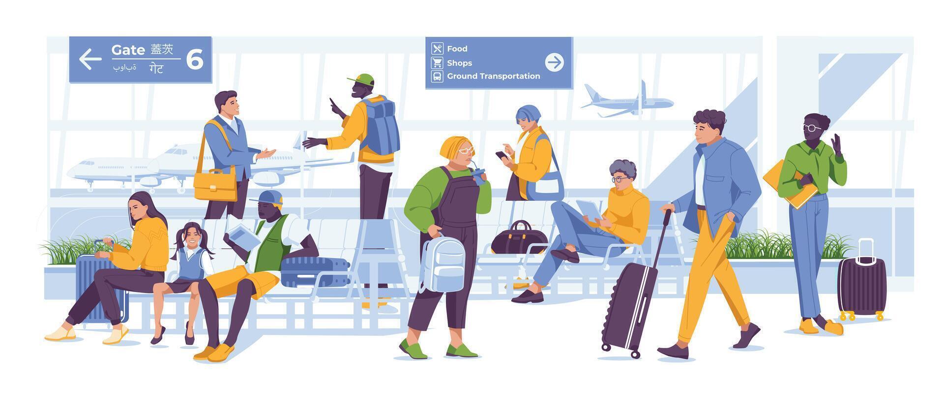 Airport waiting room. Service scene with different characters. Vector flat illustration. Travel by plane.