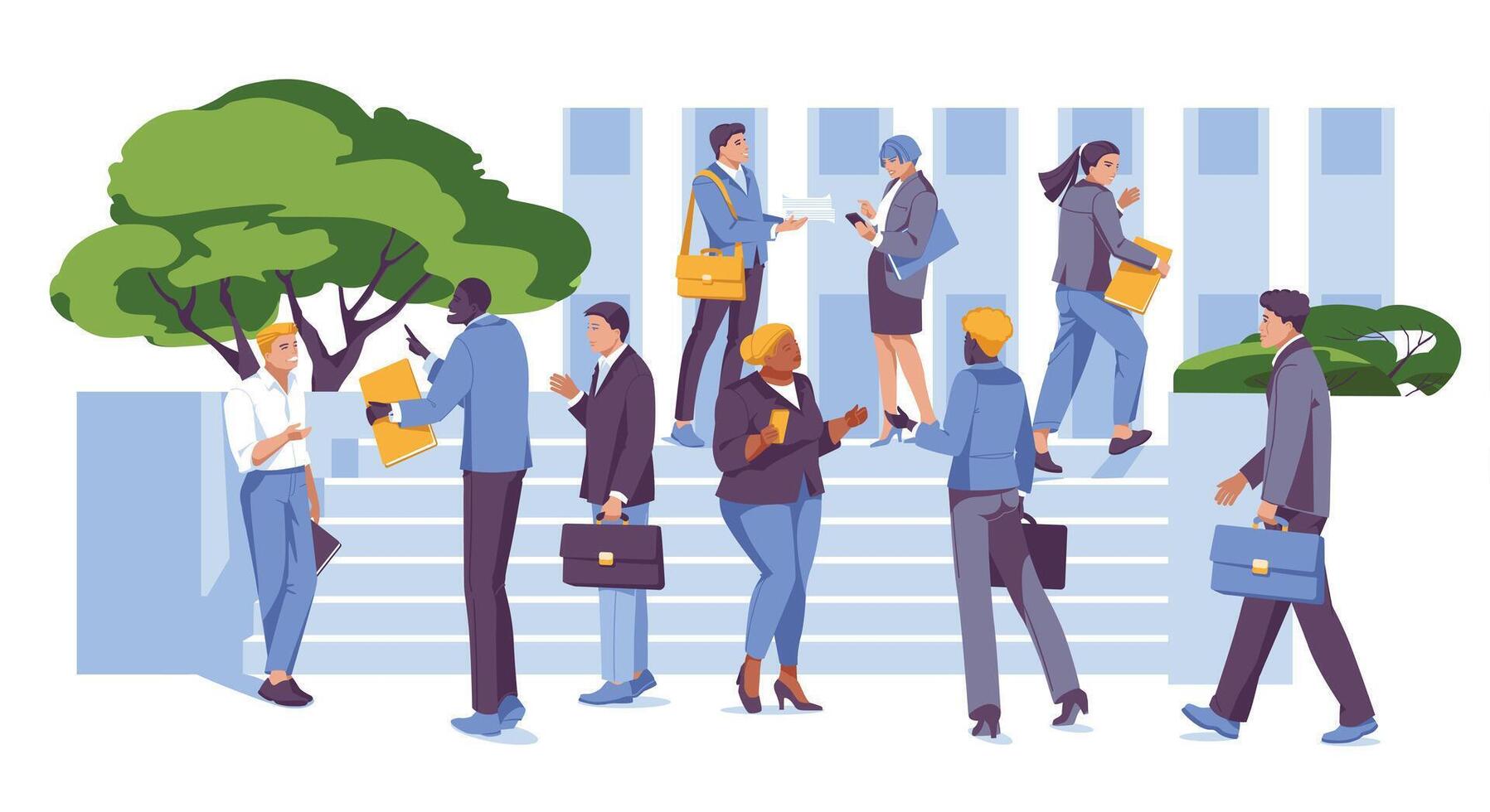 A crowd of different lawyers or business people on the steps of a corporate building or courthouse. variety. Communication and corporate culture and service. Concept. Vector flat illustration