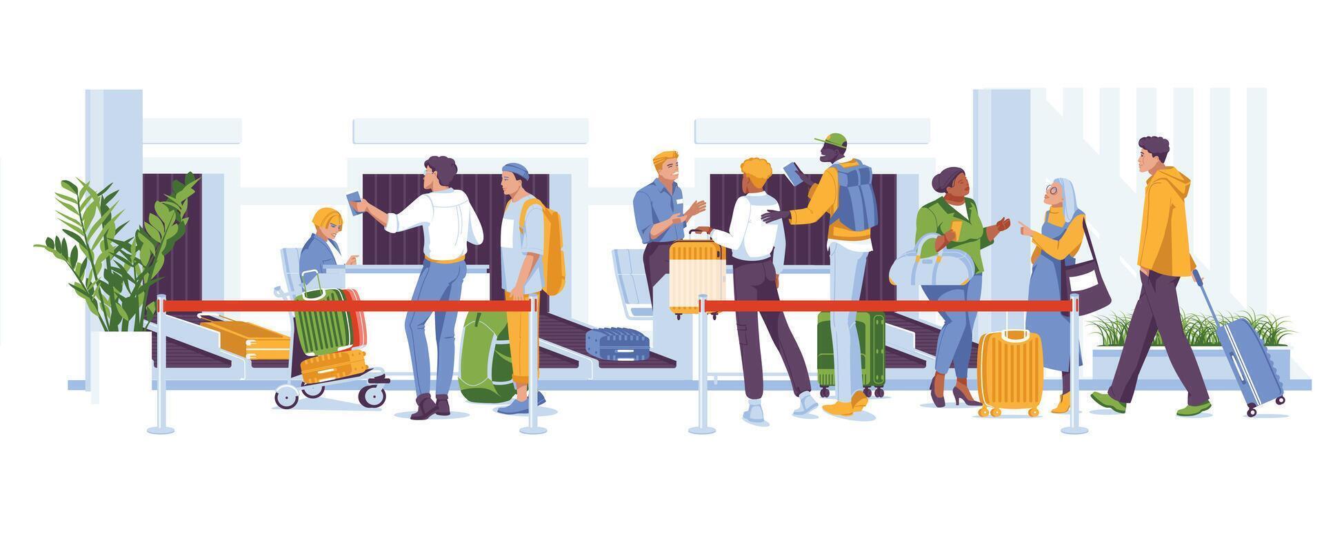 Baggage drop-off at the airport. Service scene with various characters. Vector flat illustration. Travel by plane.