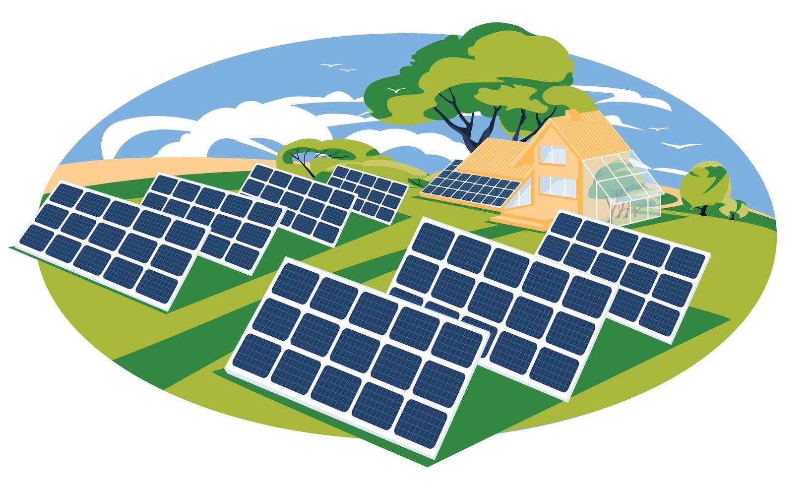 Solar panels on the meadow. wooden house with solar panels. Concept of sustainable and renewable energy source. Summer or spring landscape. Vector flat illustration
