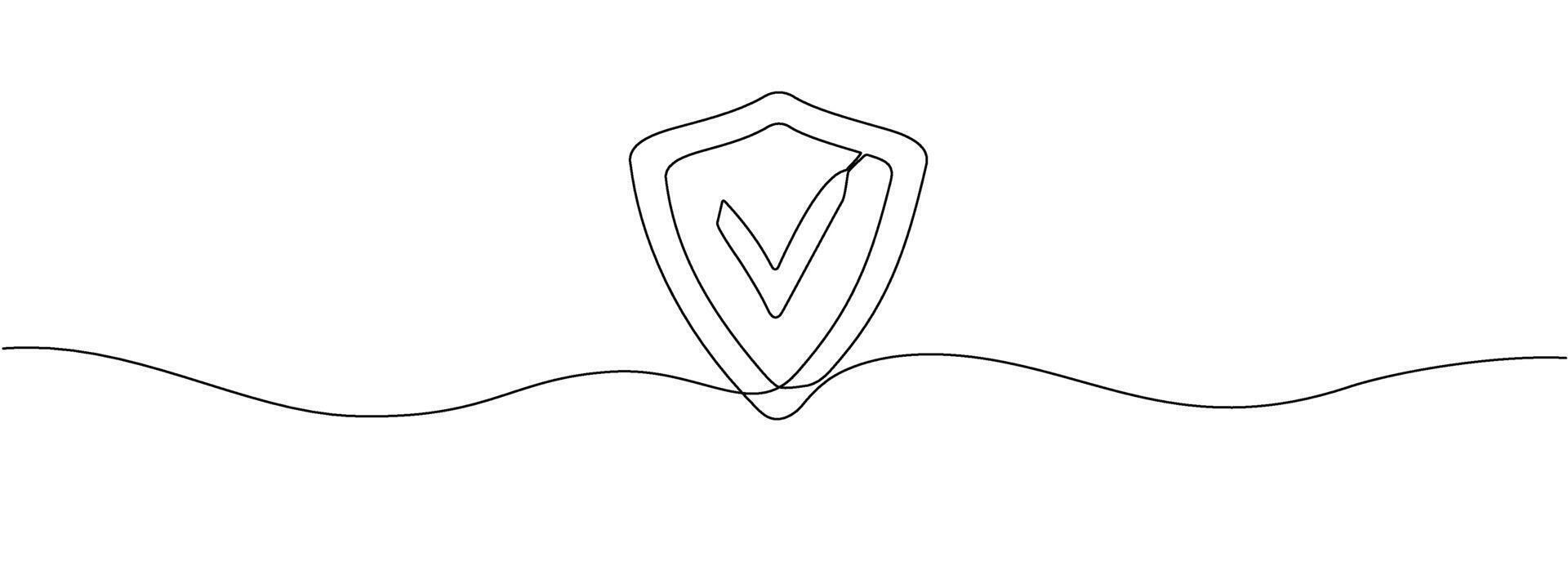 A defense shield with a flag drawn in one continuous line. Protection sign concept. Vector illustration.