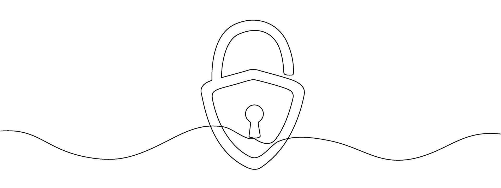 A shield-shaped padlock drawn in one continuous line. Protection sign concept. Vector illustration.