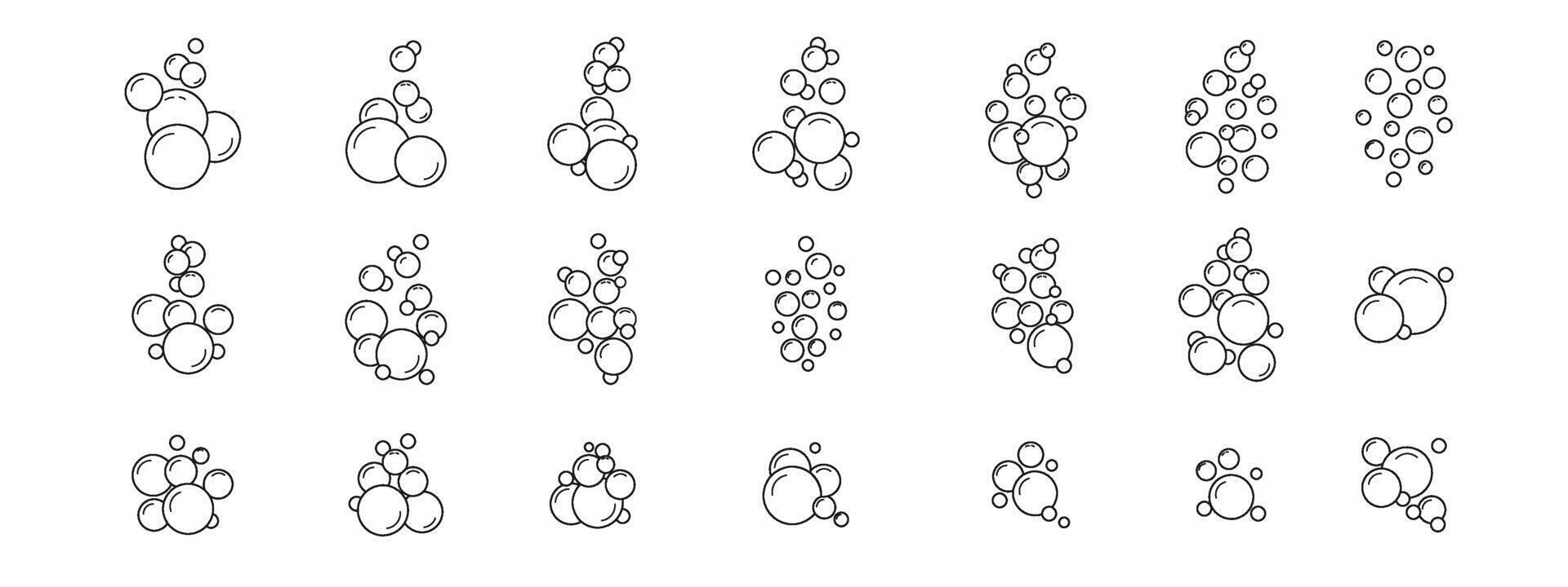 Set of flat linear icons with bubbles. Soap foam, fizzy drink, oxygen bubble Out line vector icon set for design, with editable strokes.