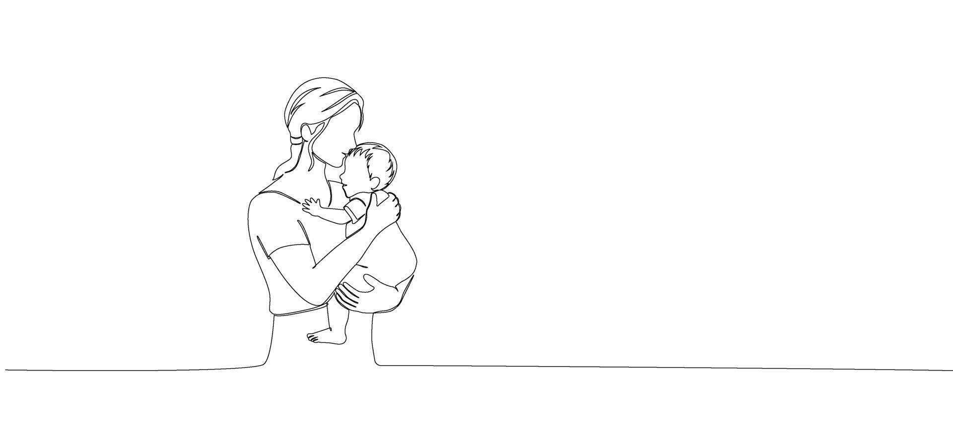 Continuous editable single line illustration of Woman with baby in her arms. Mother's day card in line art style. Vector illustration