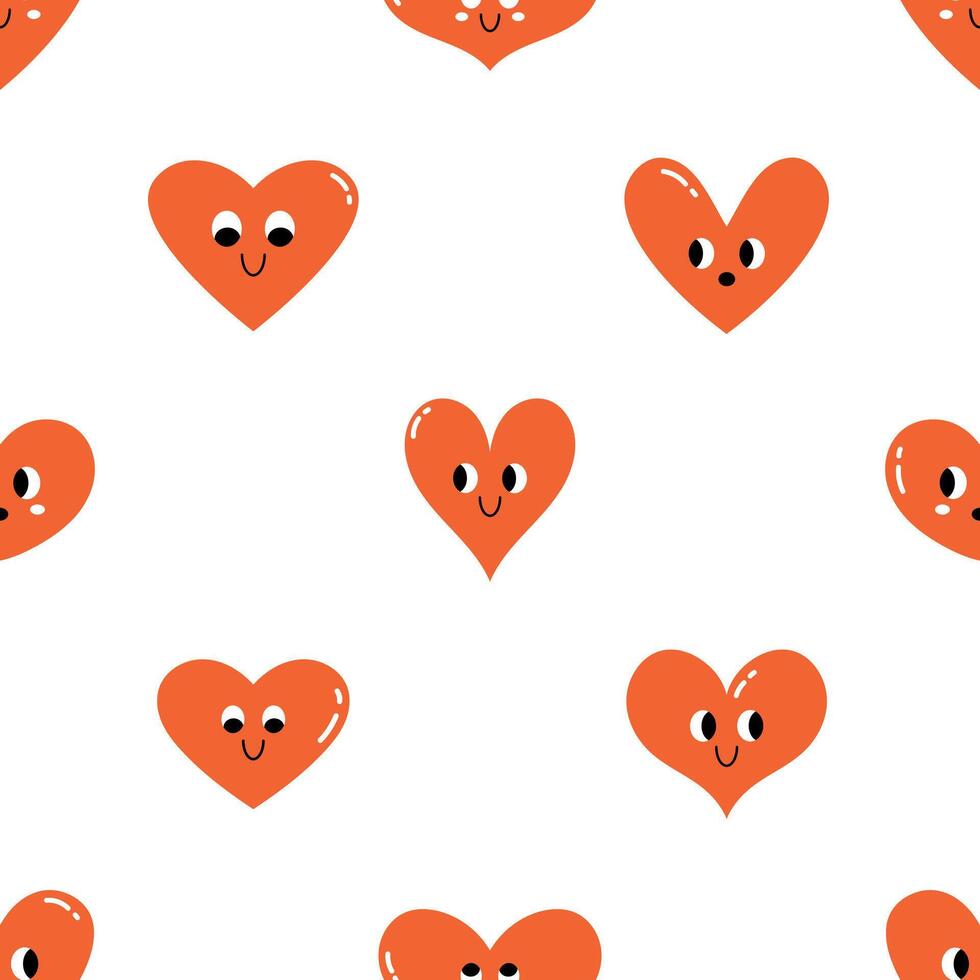 Vector valentines day seamless pattern with cute smiling hearts with faces. Love concept. Funny red heart characters on white background. Valentines day celebration.