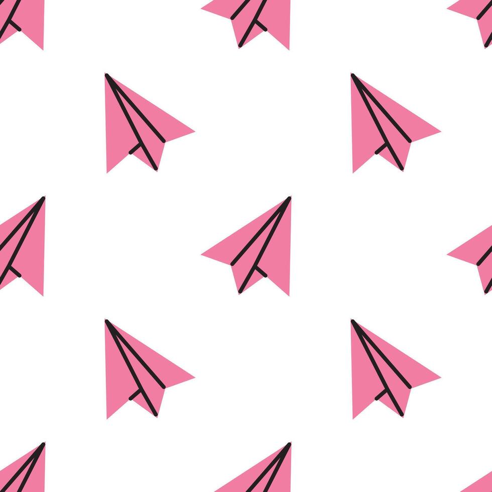 Vector cute seamless pattern with pink paper airplanes. Funny paper planes on white background. Wrapping and wallpaper design.