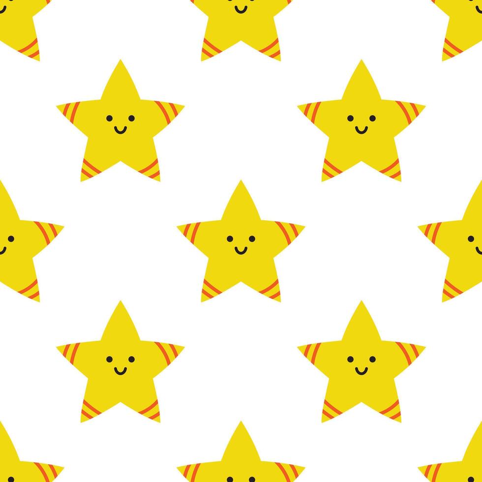 Vector seamless pattern with cute childish stars. Yellow smiling stars with face on white background. Funny baby stars. Wrapping or wallpaper design.