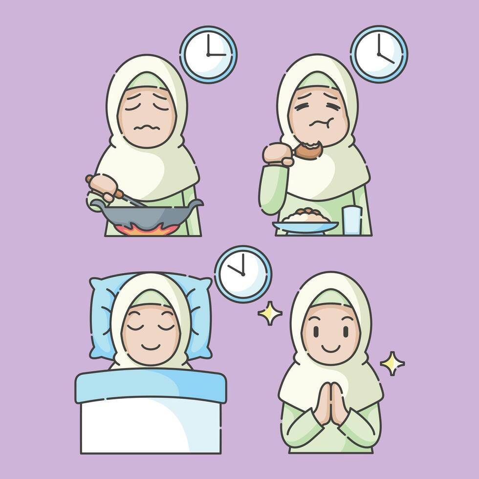 Ramadan activity girl vector arts. Islamic activities in daily. Cartoon character for children