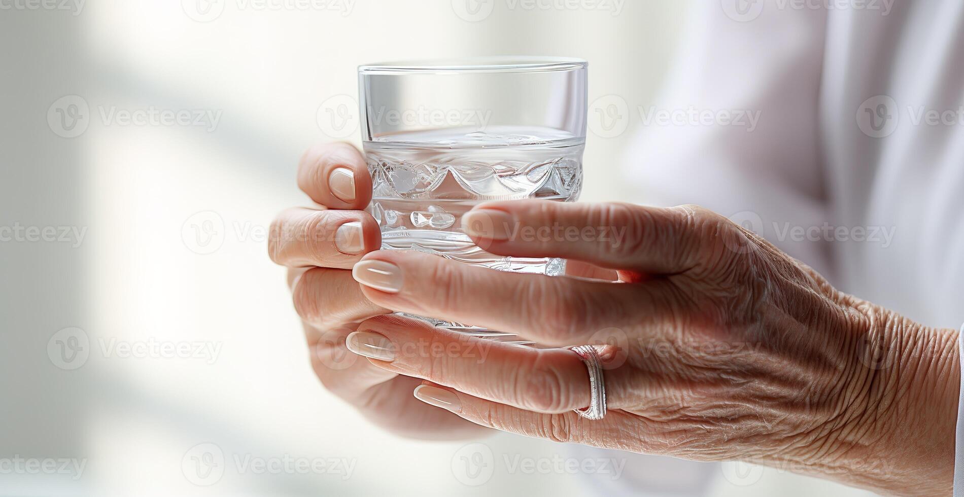 AI generated hands of an aged woman holding a glass of water. This image is perfect for illustrating the concept of health. photo