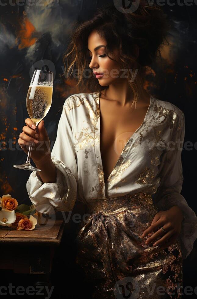 ai generado elegante mujer con un vaso de champán a un fiesta - de cerca foto