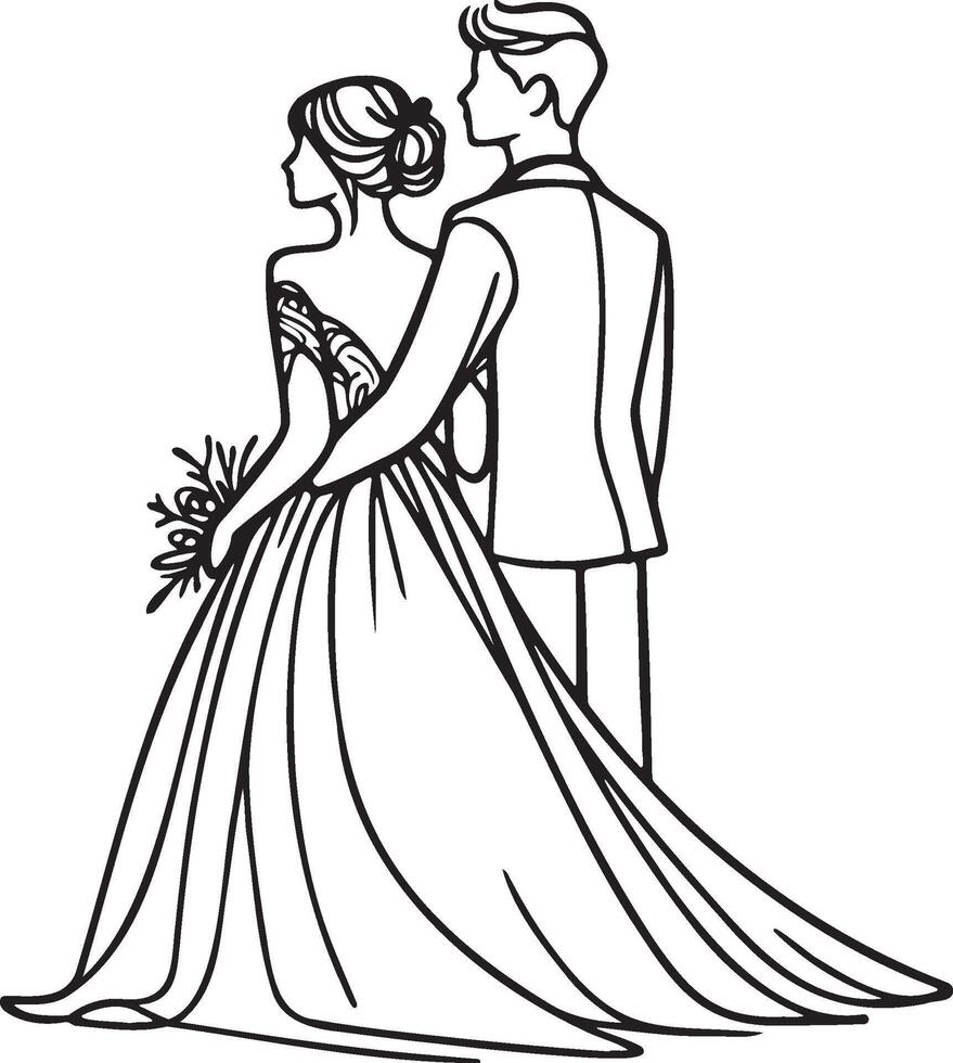 novio y novia Boda línea dibujo. vector