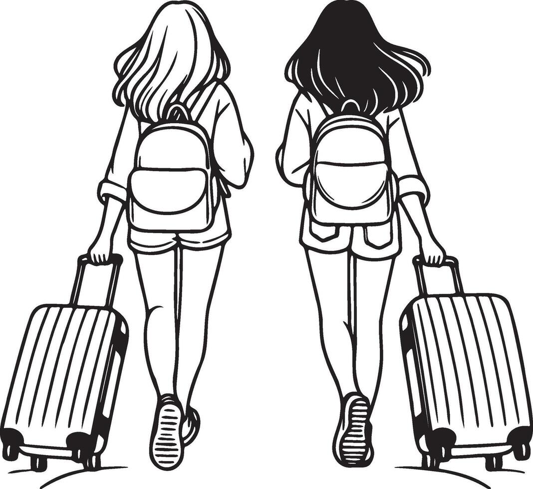 dos muchachas de viaje con equipaje. vector