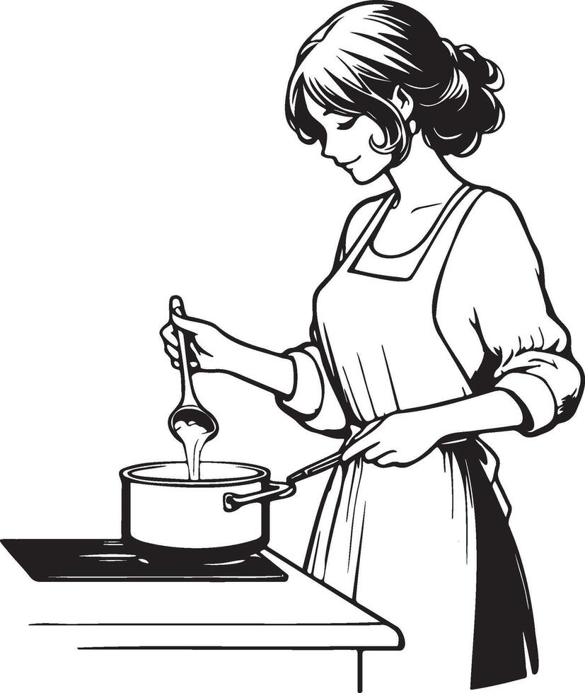 mujer Cocinando a hogar dibujo. vector