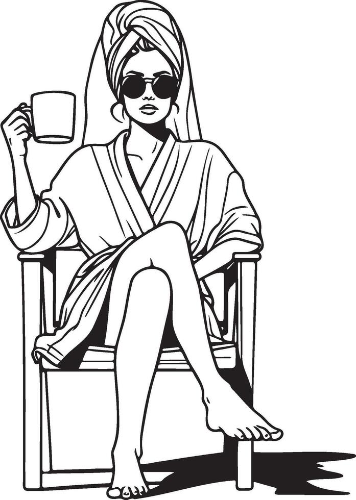 Woman Wrapped Towel on Head Drink Coffee. Salon. vector