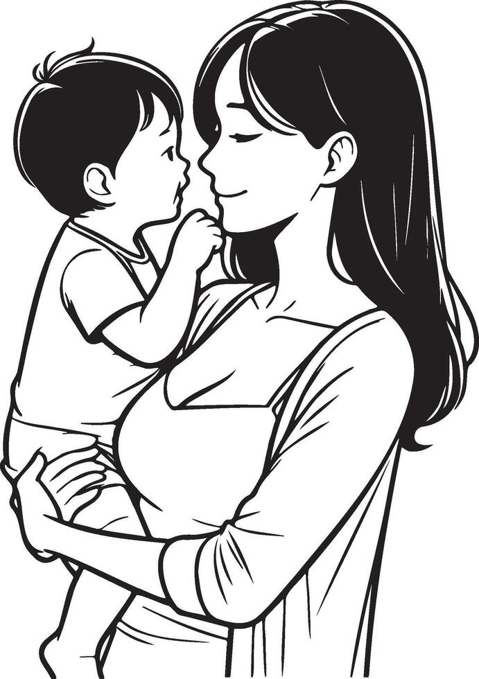 Mother Care Baby Sketch Drawing. vector
