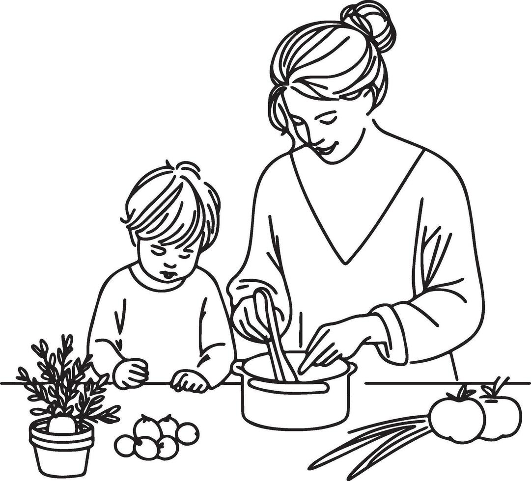 mujer Cocinando a hogar dibujo. vector