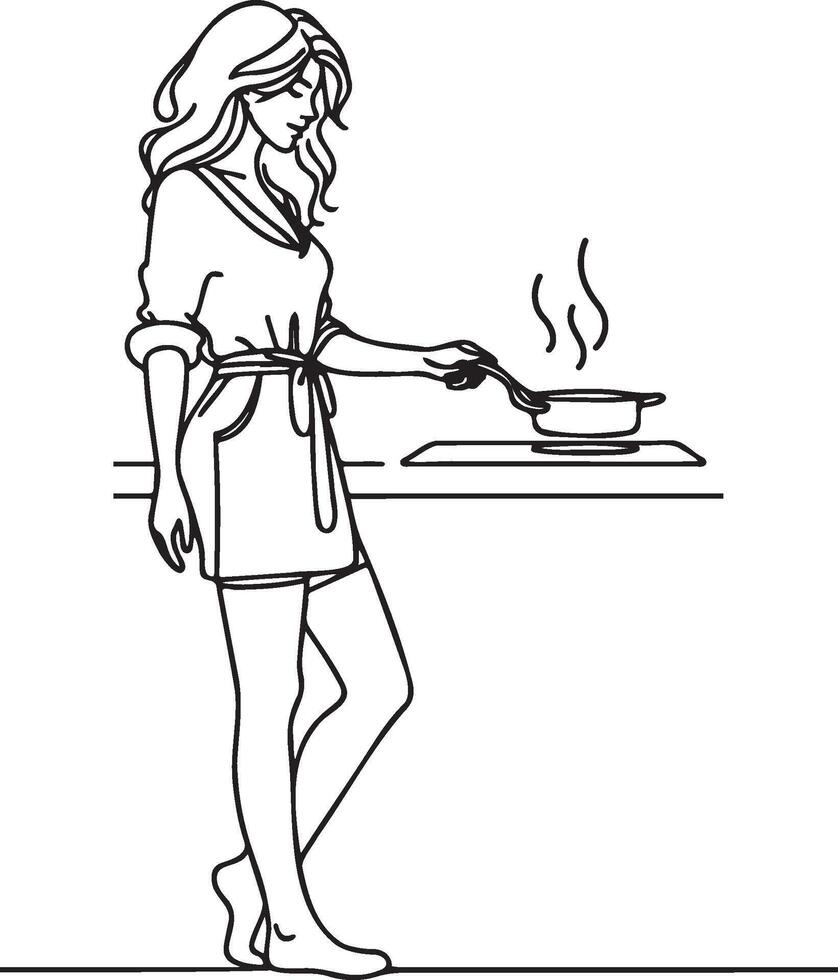 Woman Cooking at Home Drawing. vector