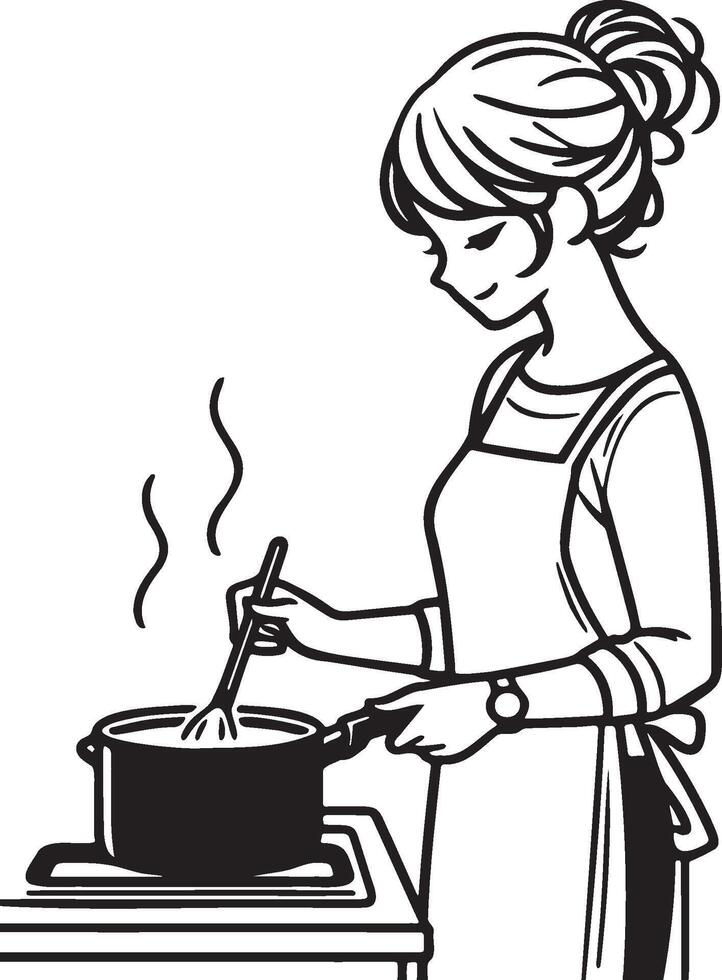 mujer Cocinando a hogar dibujo. vector