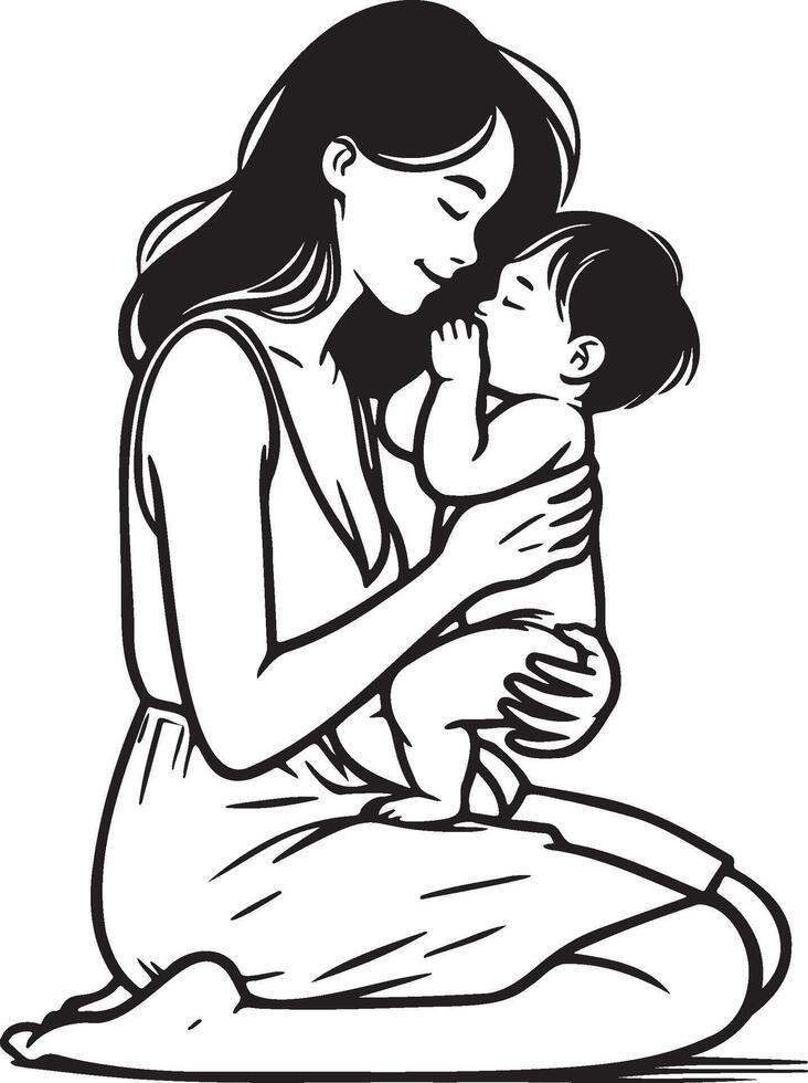 Mother Care Baby Sketch Drawing. vector