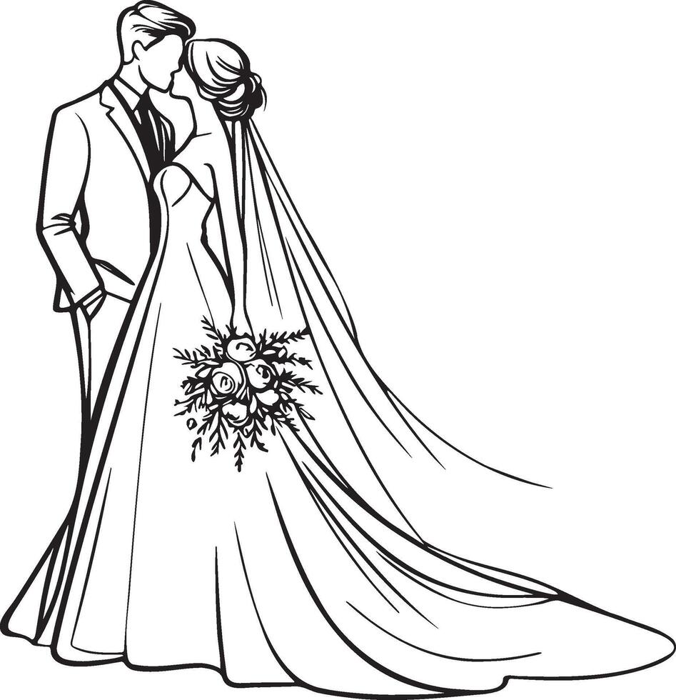 novio y novia Boda línea dibujo. vector