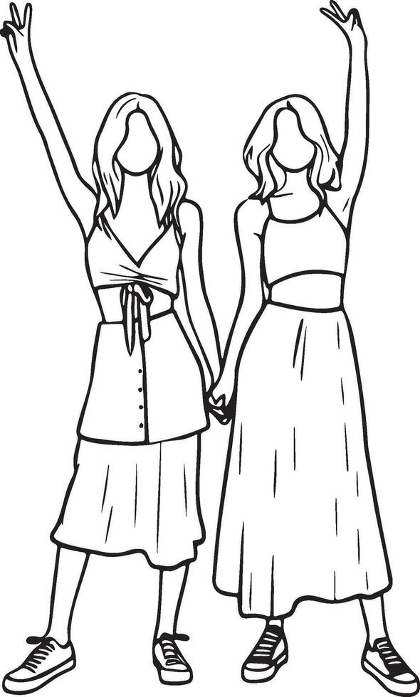 Girl Friends Sketch Drawing. vector