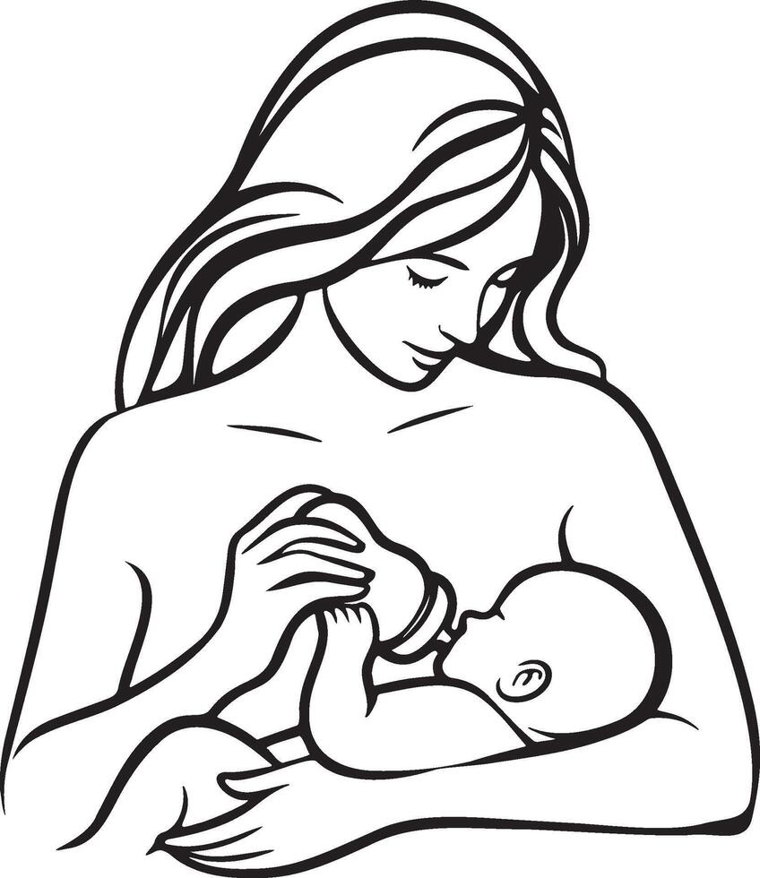 Bottle Feeding Sketch Drawing. vector