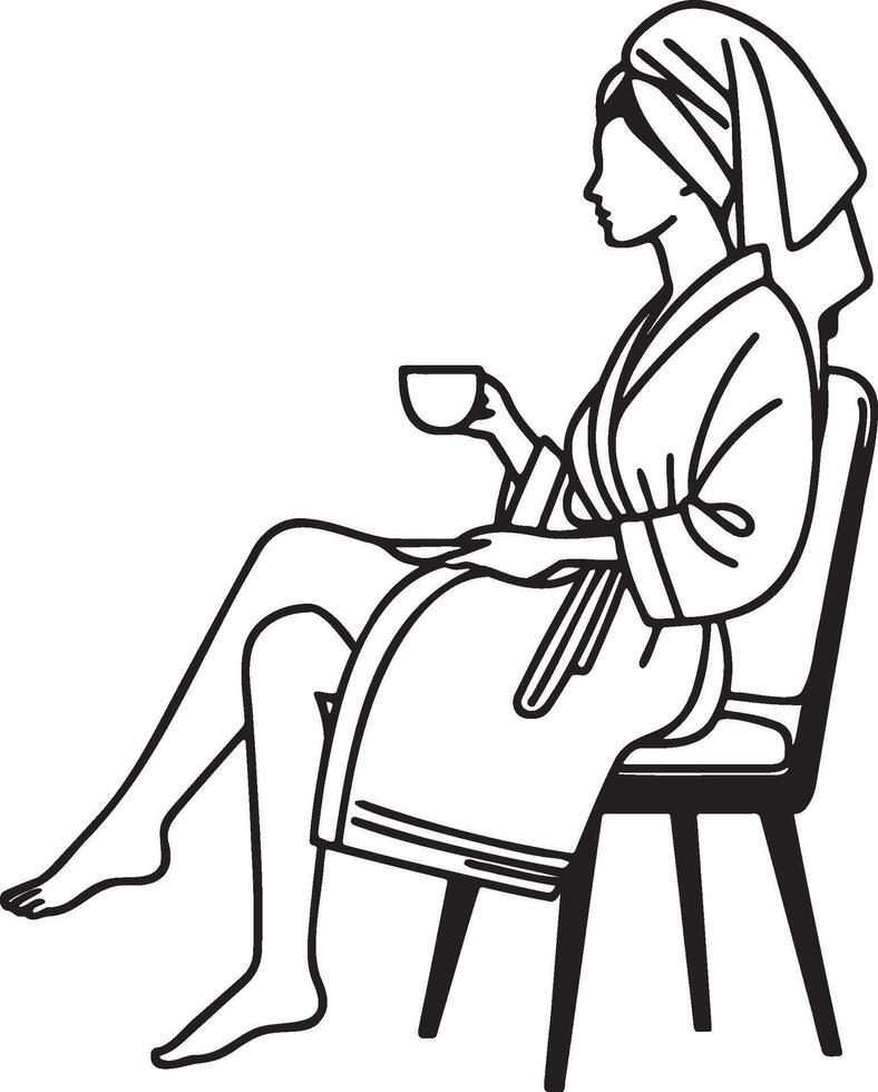 Woman Wrapped Towel on Head Drink Coffee. Salon. vector