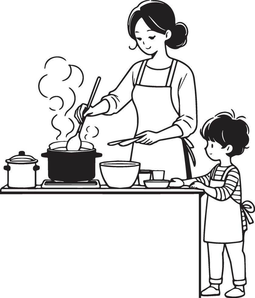 Woman Cooking at Home Drawing. vector