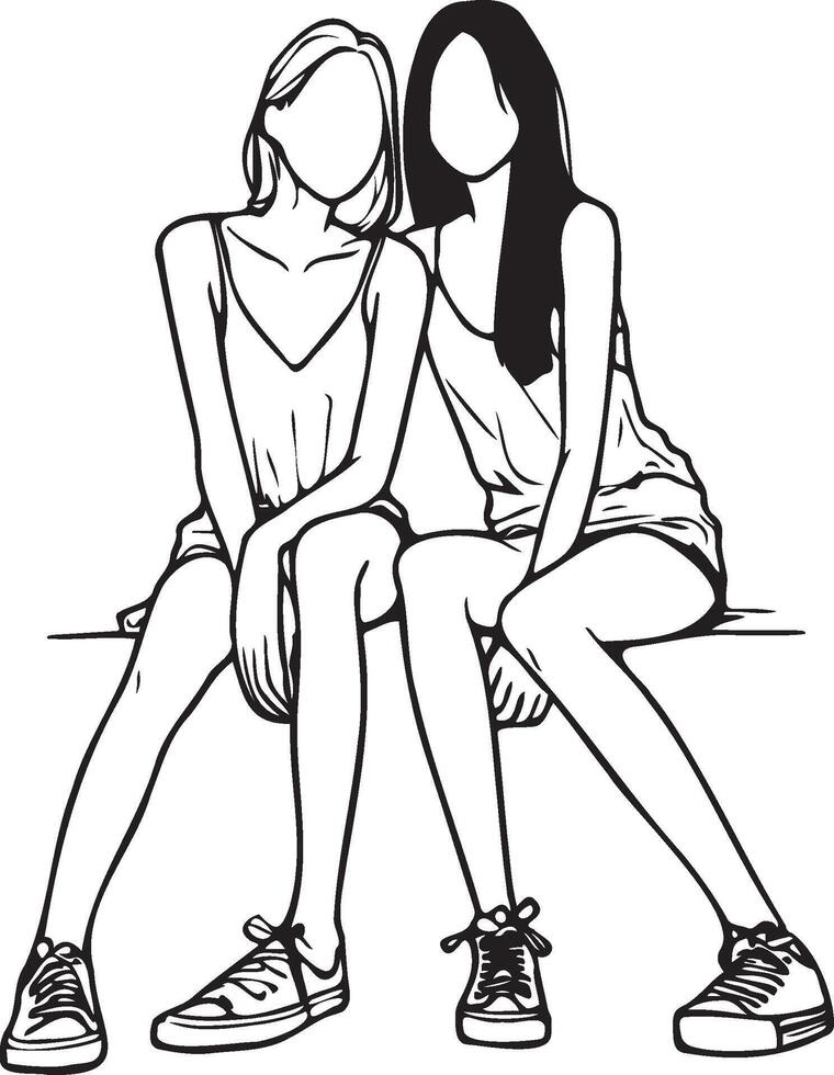 Girl Friends Sketch Drawing. vector