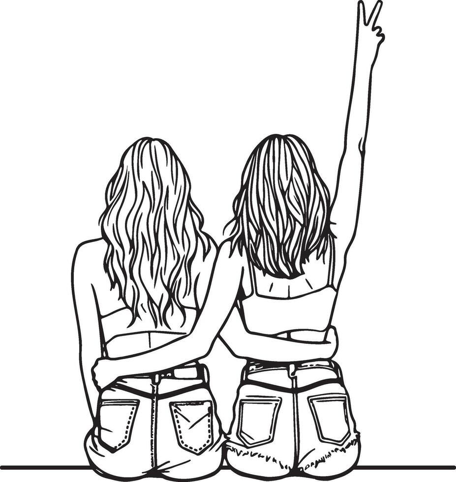 Girl Friends Sketch Drawing. vector