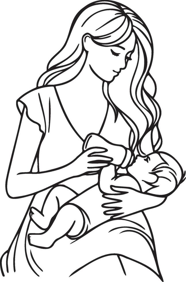 Bottle Feeding Sketch Drawing. vector