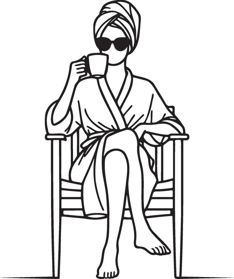 Woman Wrapped Towel on Head Drink Coffee. Salon. vector
