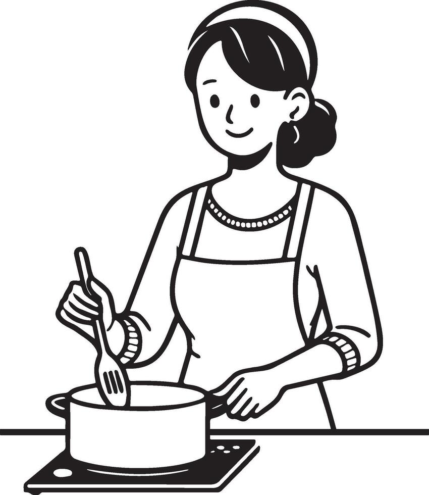 mujer Cocinando a hogar dibujo. vector