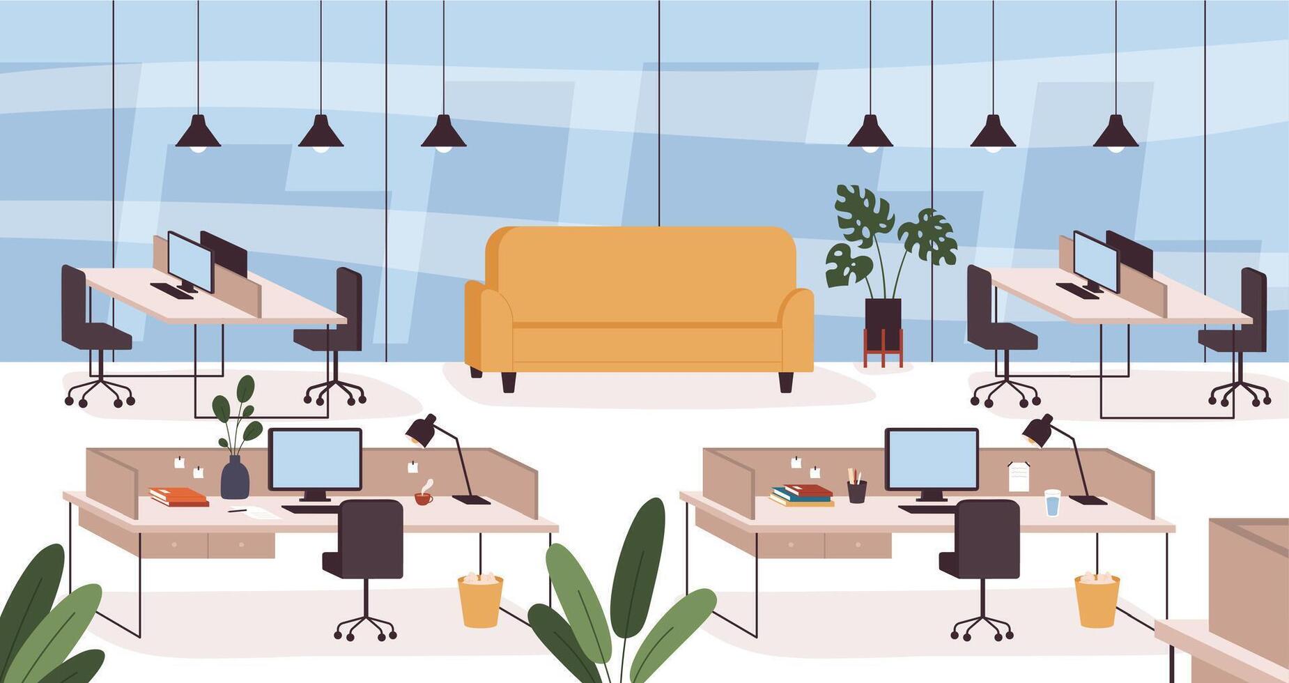 Office interior. Empty work place, room with furniture tables, chairs and couch. Modern company cabinet or coworking center vector concept