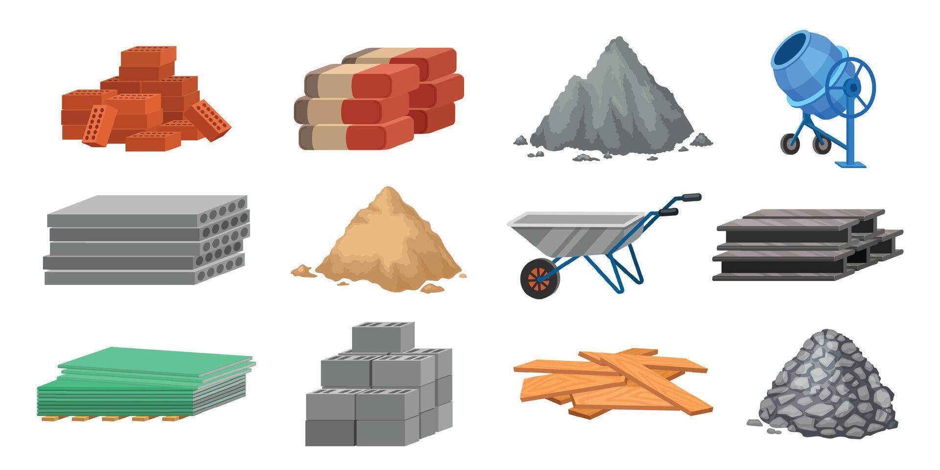 Construction material piles and equipment, cement, sand and bricks. Building blocks, wood planks, wheelbarrow and concrete mixer, vector set