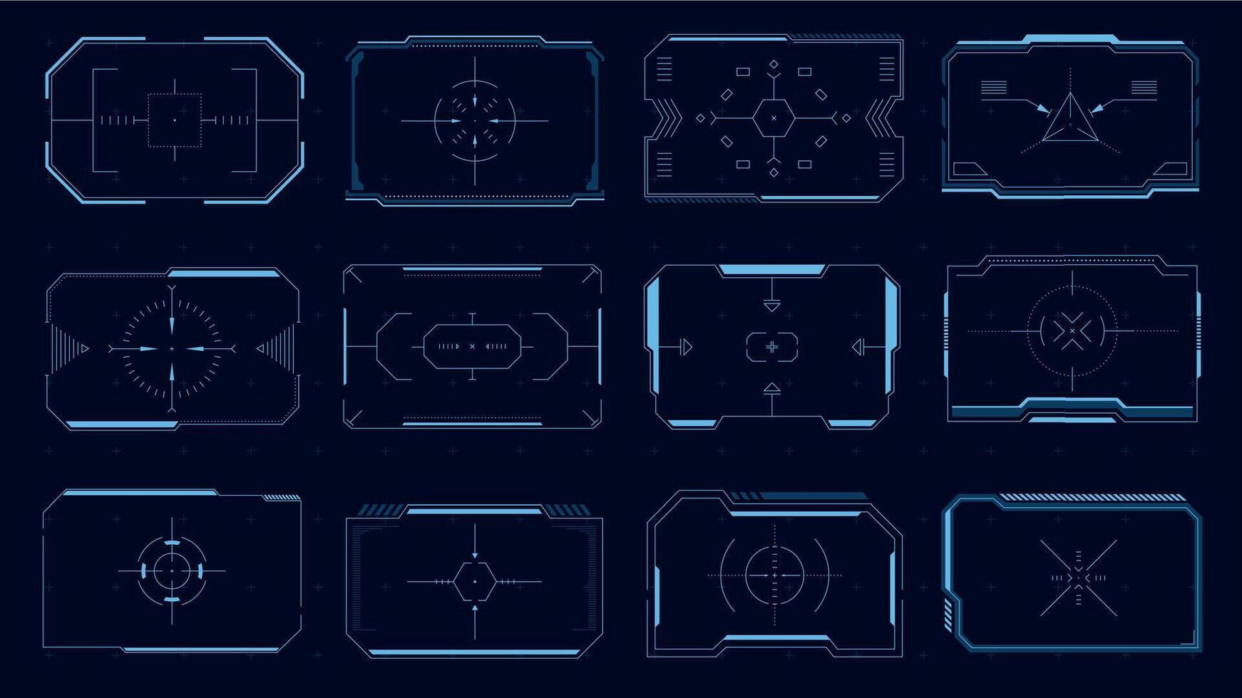 HUD square target. Futuristic user interface frames and borders, Sci-Fi target aim, modern technology viewfinder. Vector digital focus design element collection