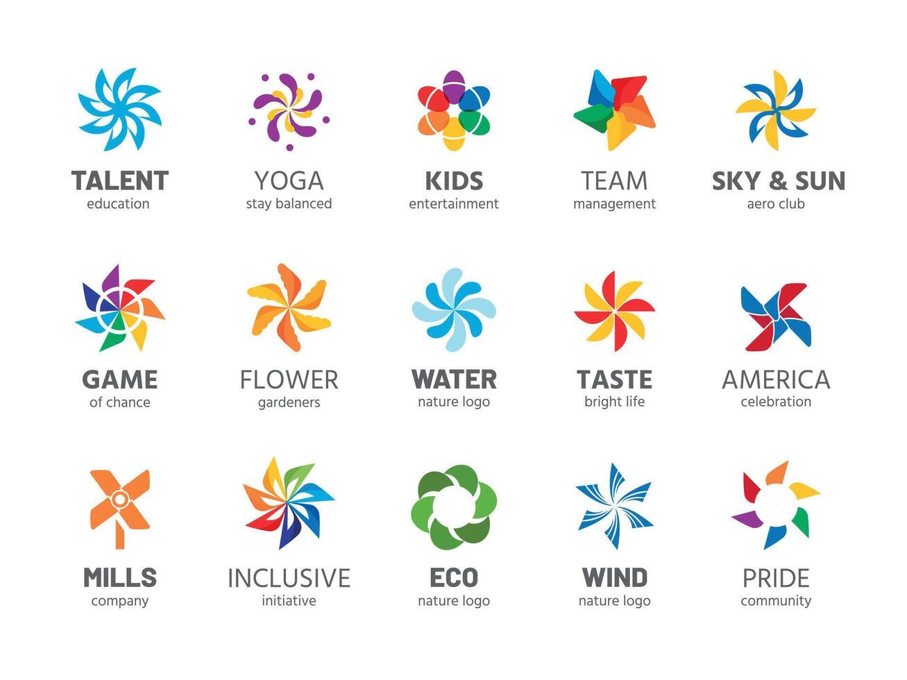 Pinwheel logo. Abstract rainbow color summer spinner symbol, wind propelled children summer toy isolated collection. Vector business logos
