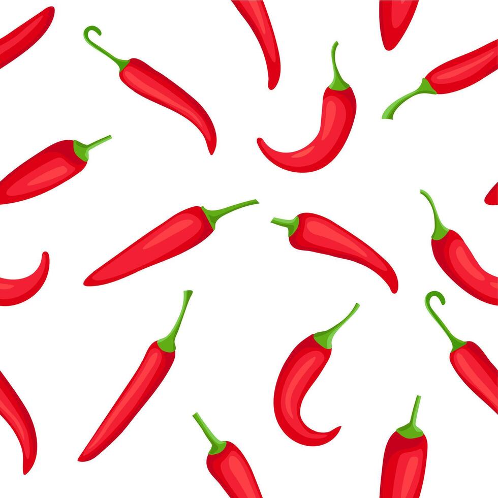 Chili pepper seamless pattern. Cartoon spicy hot red peppers, texture for fire sauces and mexican food. Condiment from mexico vector print