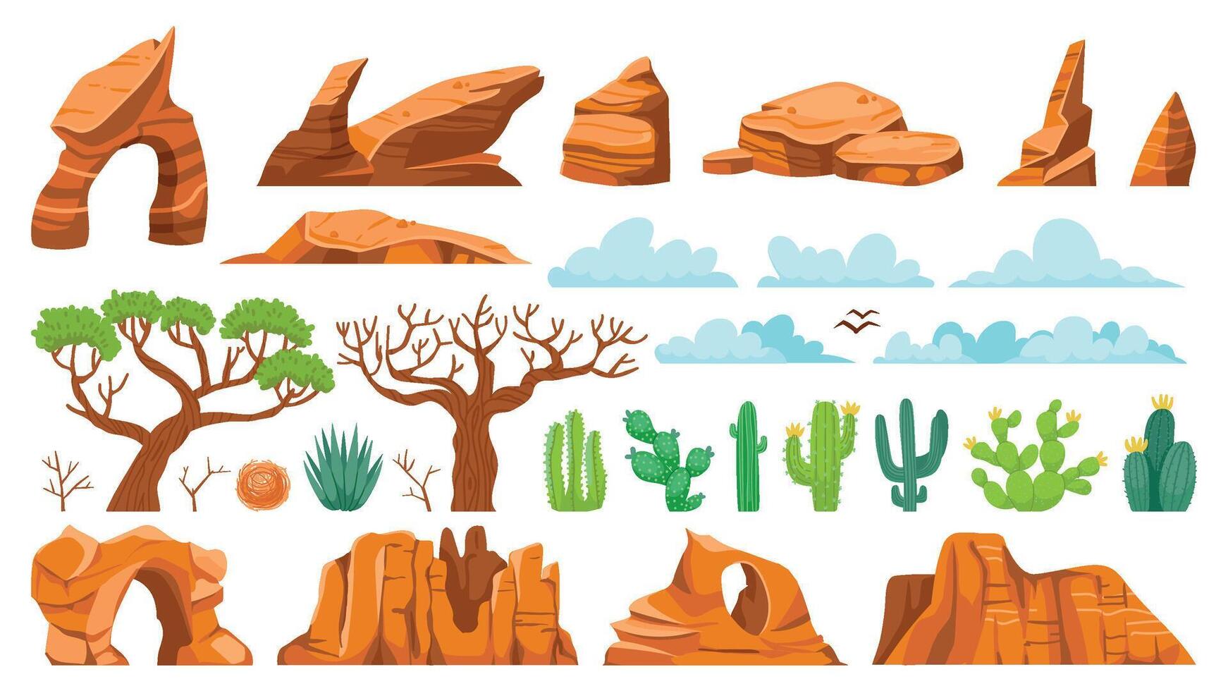 Desert cactus ant rocks. Cartoon tumbleweed, sand stones, and succulent, exotic landscape elements. Vector isolated set